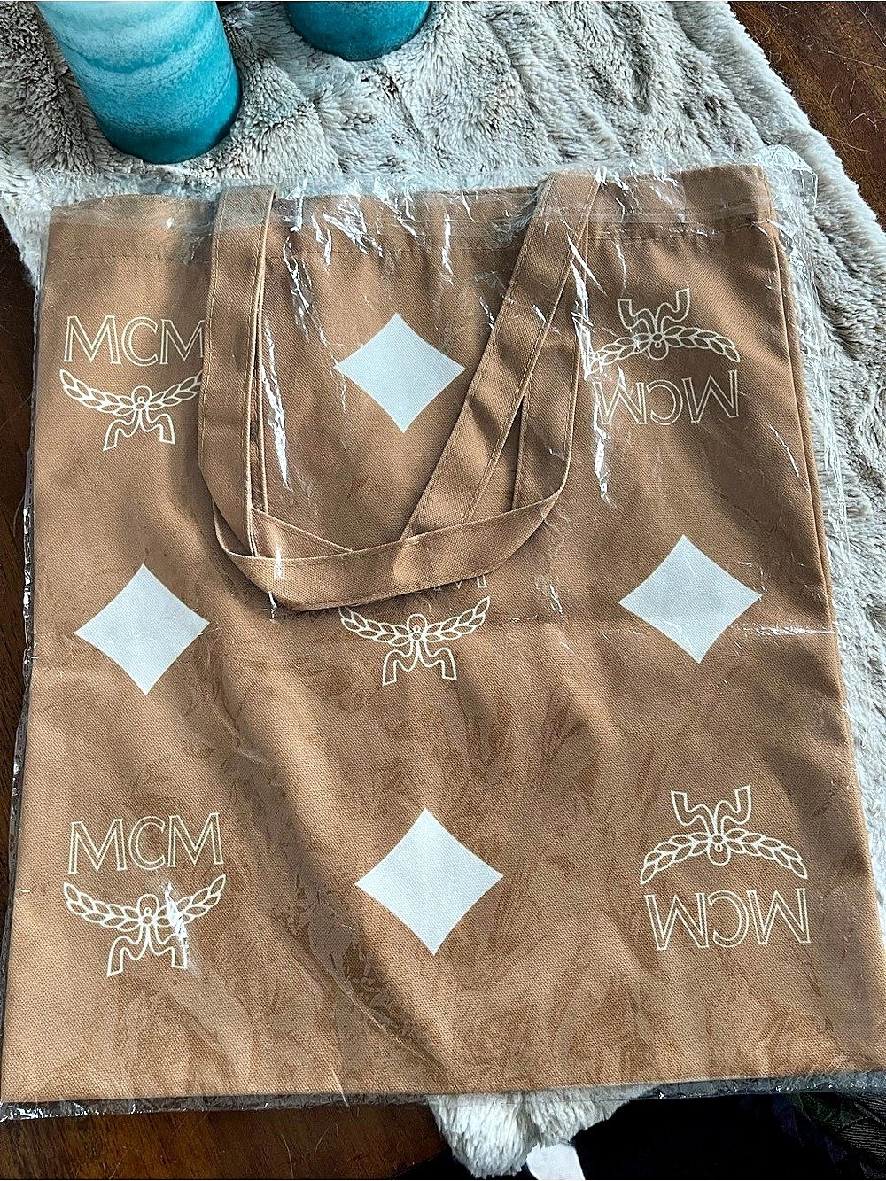 MCM Logo Canvas Tote Bag Tan White NIP Rare Promotional